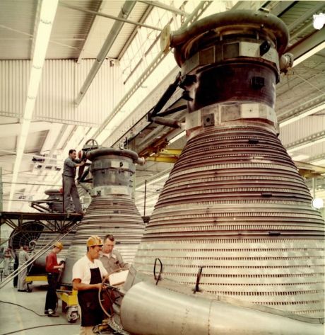 Archive photo of the manufacturing line for the thrust chamber of the mighty F-1 rocket engine – the most powerful single-combustion-chamber, liquid-fueled rocket engine ever built. Five F-1 engines, each generating 1.5 million pounds of thrust, were used to launch the Saturn V rocket.